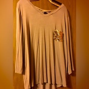 3X Hemish Tunic Top with sequin pocket and accented crisscross neckline Cocoa